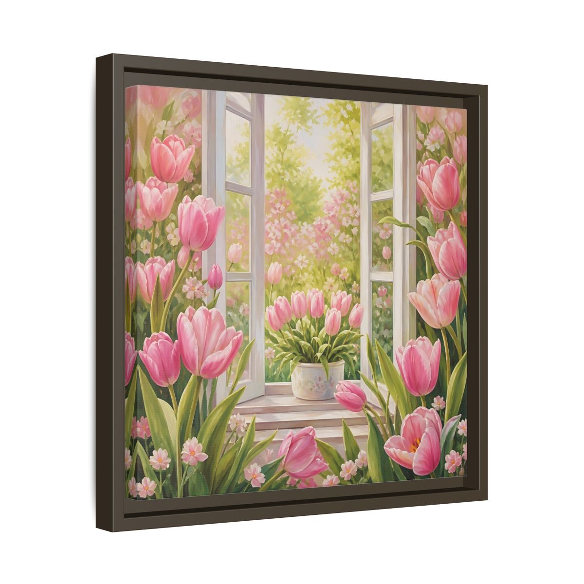 Side Mockup 29. Floral Pink Tulips Pink Floral Scene shown as stretched canvas wall art