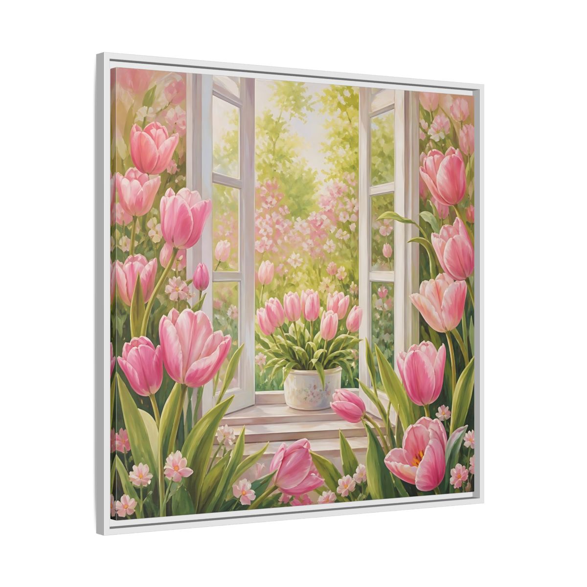 Side Mockup 25. Floral Pink Tulips Pink Floral Scene shown as stretched canvas wall art