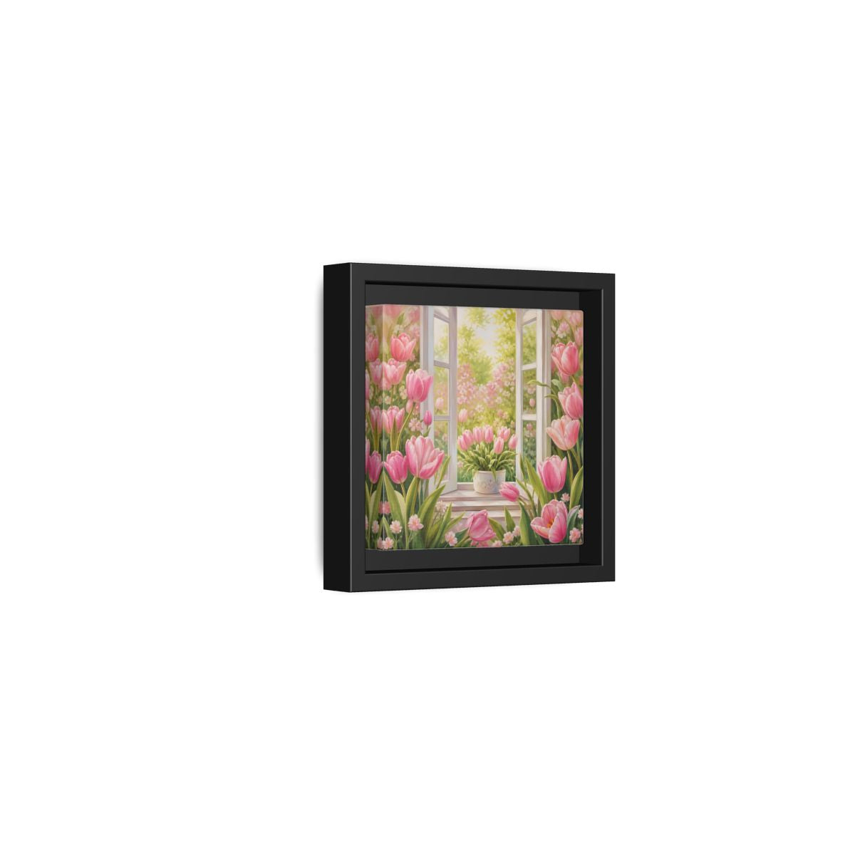 Side Mockup 24. Floral Pink Tulips Pink Floral Scene shown as stretched canvas wall art