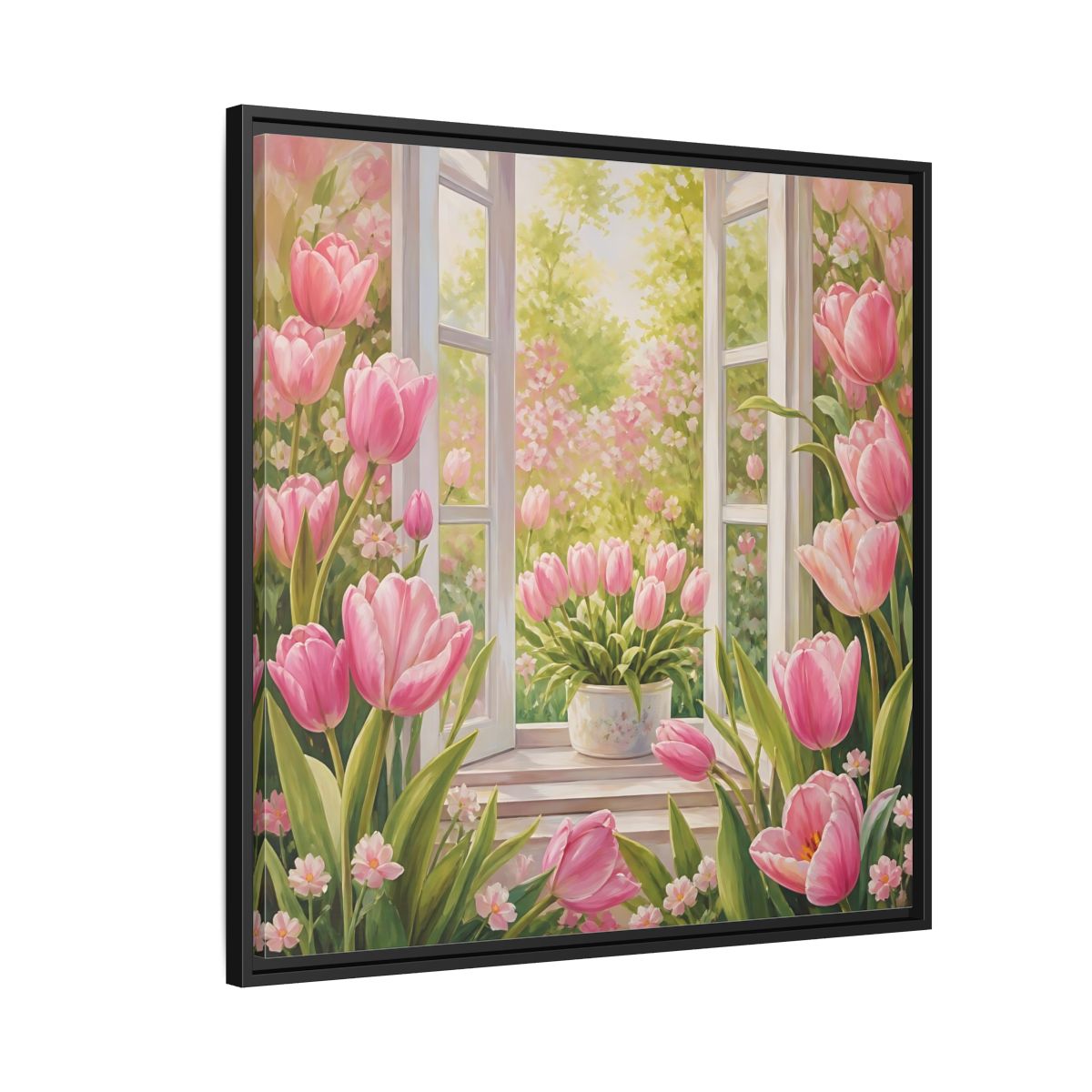 Side Mockup 9. Floral Pink Tulips Pink Floral Scene shown as stretched canvas wall art