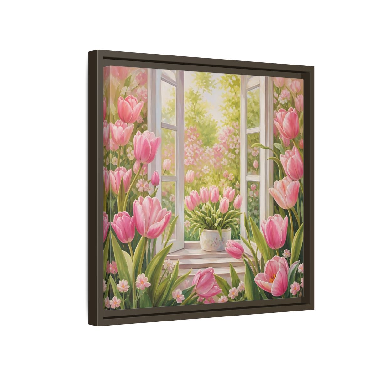 Side Mockup 14. Floral Pink Tulips Pink Floral Scene shown as stretched canvas wall art