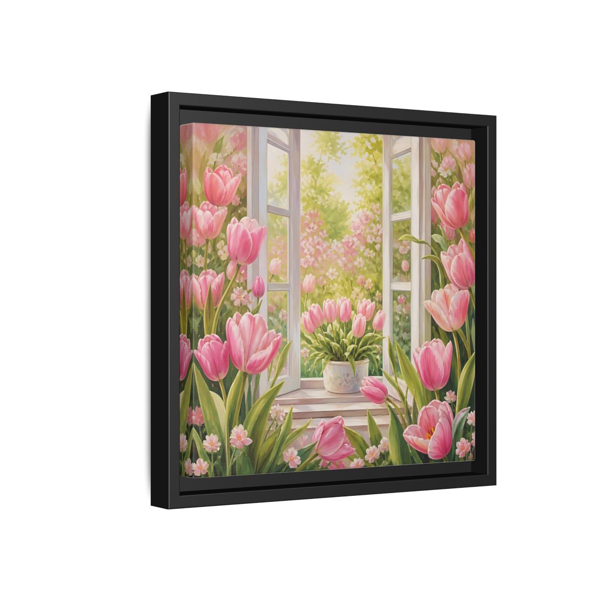 Side Mockup 18. Floral Pink Tulips Pink Floral Scene shown as stretched canvas wall art