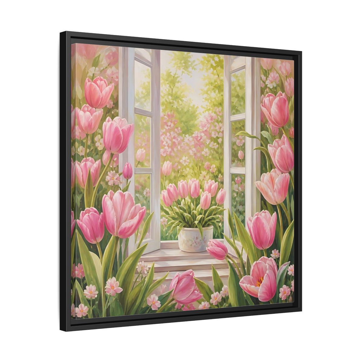 Side Mockup 31. Floral Pink Tulips Pink Floral Scene shown as stretched canvas wall art