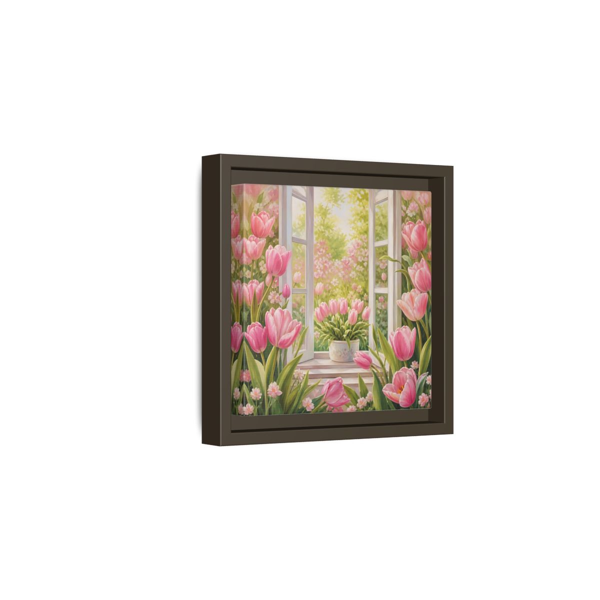 Side Mockup 2. Floral Pink Tulips Pink Floral Scene shown as stretched canvas wall art