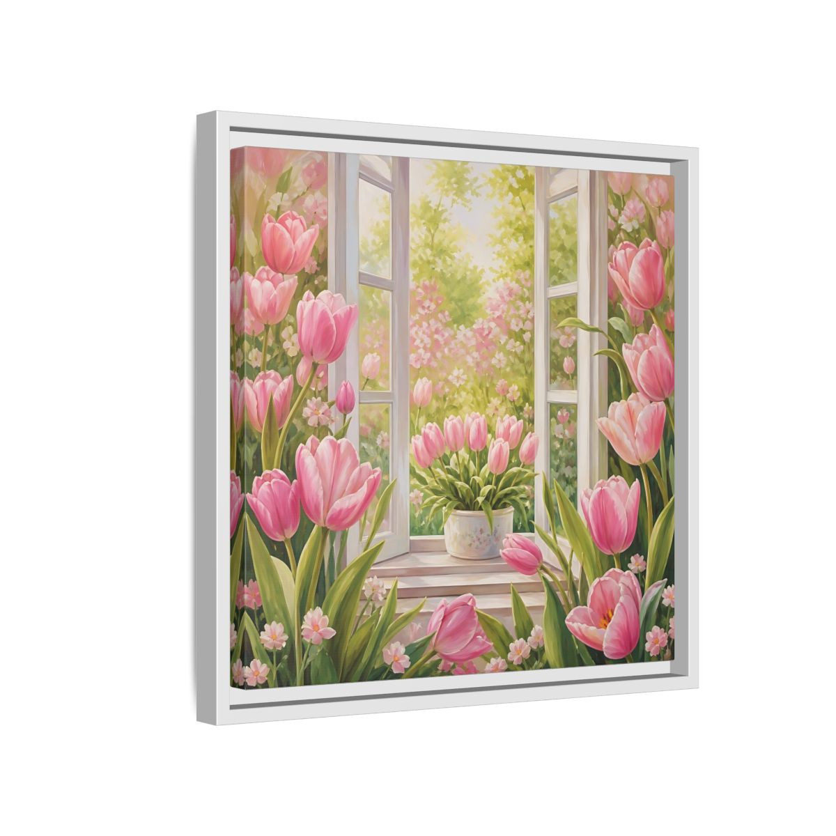 Side Mockup 13. Floral Pink Tulips Pink Floral Scene shown as stretched canvas wall art