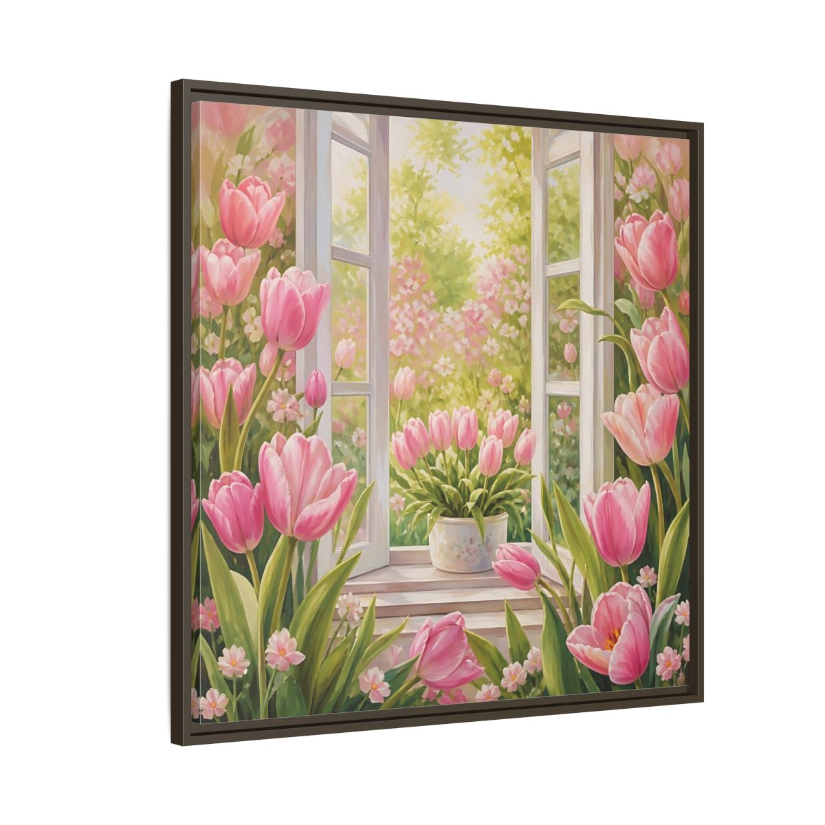 Side Mockup 8. Floral Pink Tulips Pink Floral Scene shown as stretched canvas wall art