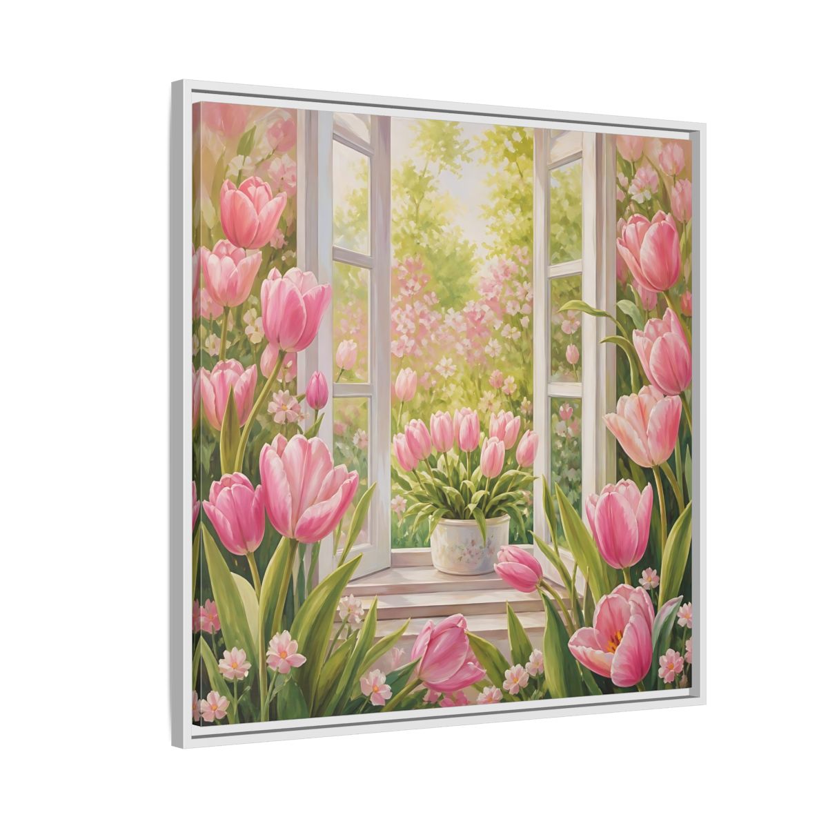 Side Mockup 7. Floral Pink Tulips Pink Floral Scene shown as stretched canvas wall art