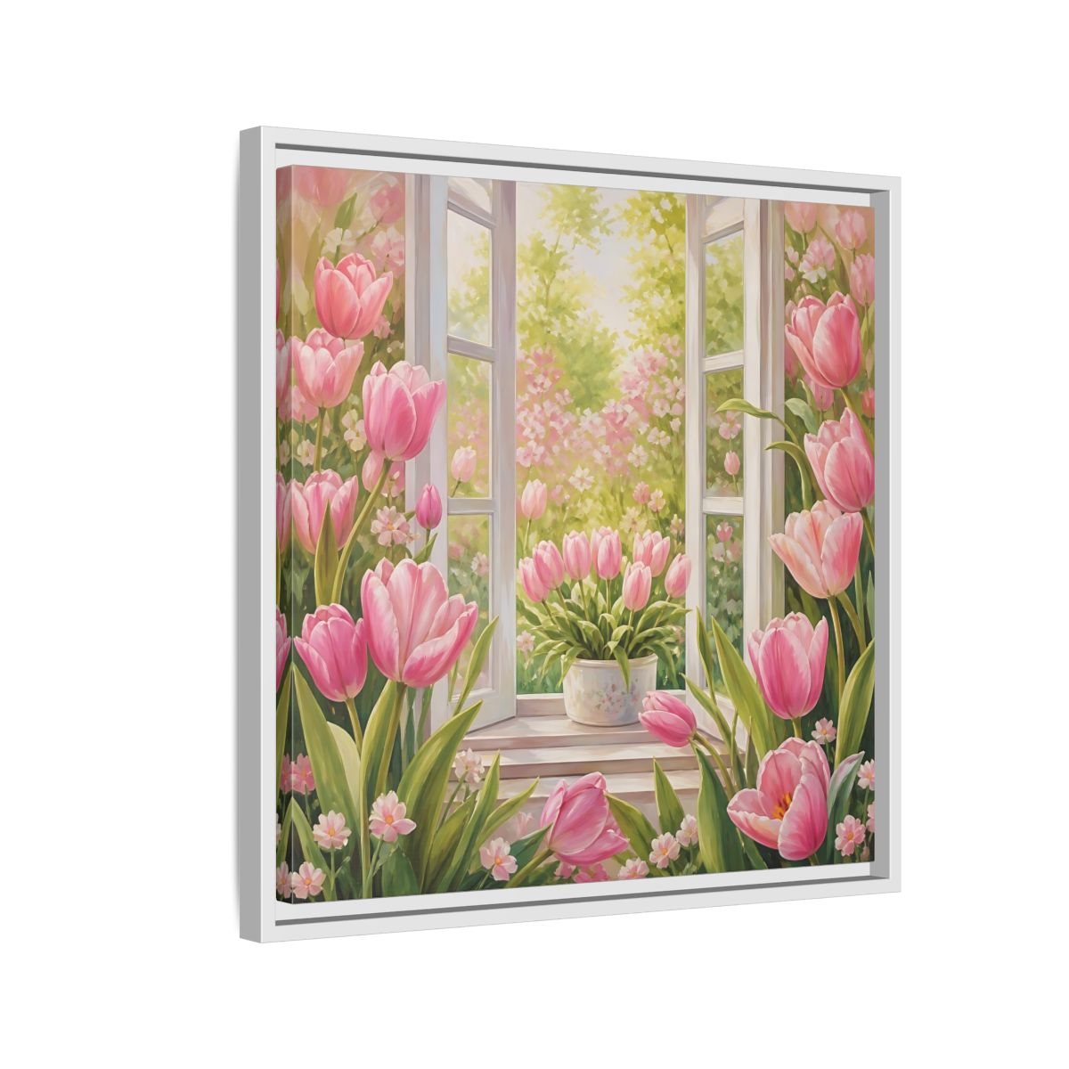 Side Mockup 10. Floral Pink Tulips Pink Floral Scene shown as stretched canvas wall art