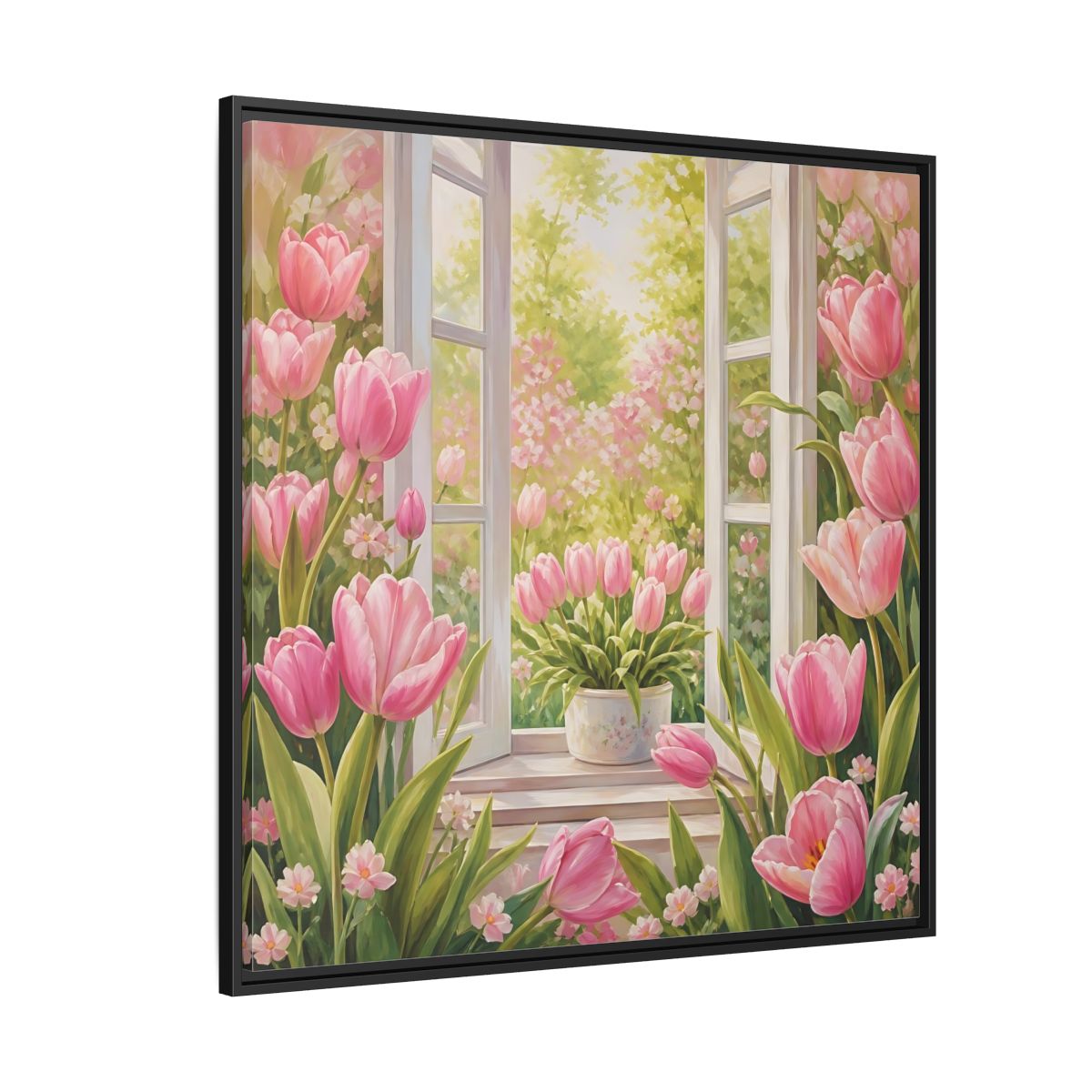 Side Mockup 6. Floral Pink Tulips Pink Floral Scene shown as stretched canvas wall art