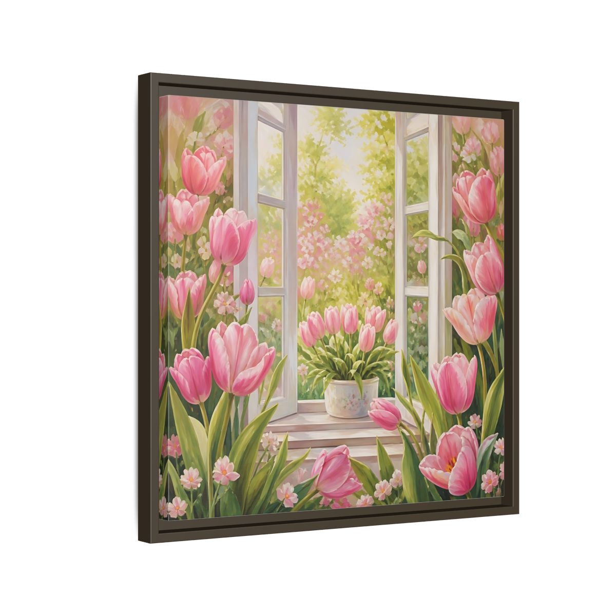 Side Mockup 11. Floral Pink Tulips Pink Floral Scene shown as stretched canvas wall art
