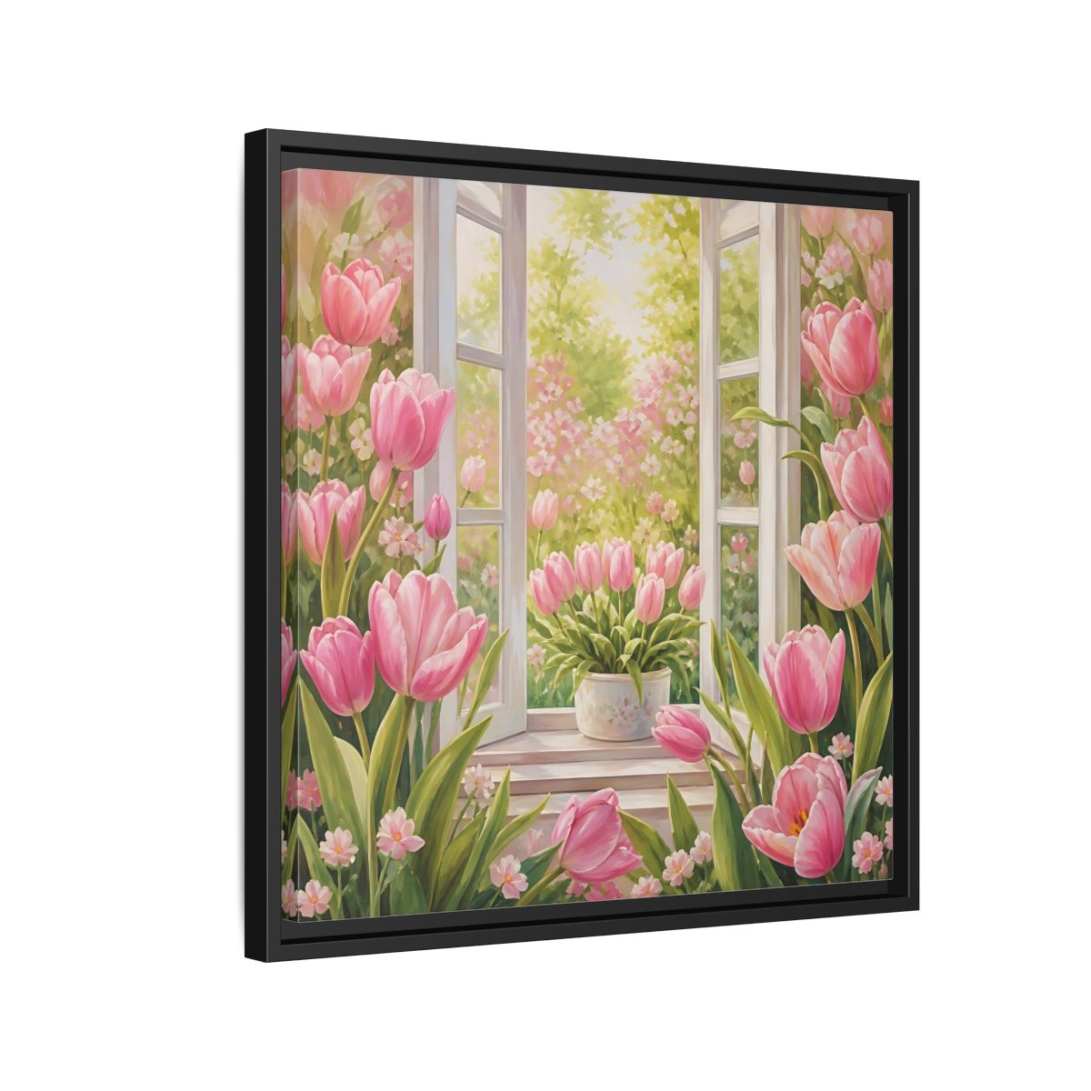 Side Mockup 12. Floral Pink Tulips Pink Floral Scene shown as stretched canvas wall art