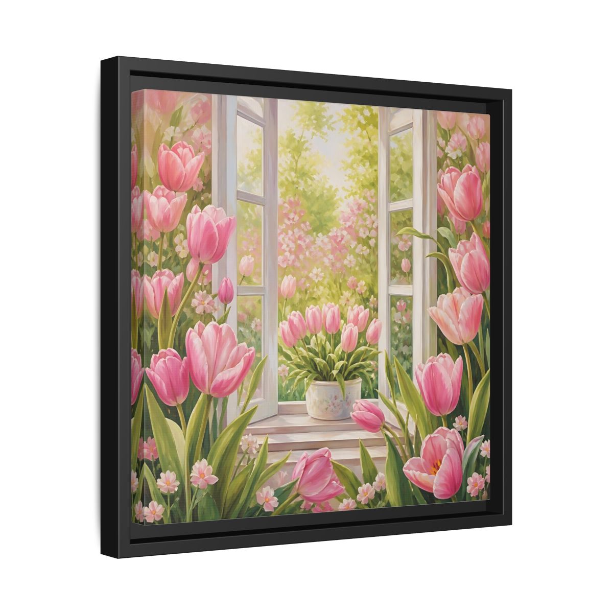 Side Mockup 32. Floral Pink Tulips Pink Floral Scene shown as stretched canvas wall art