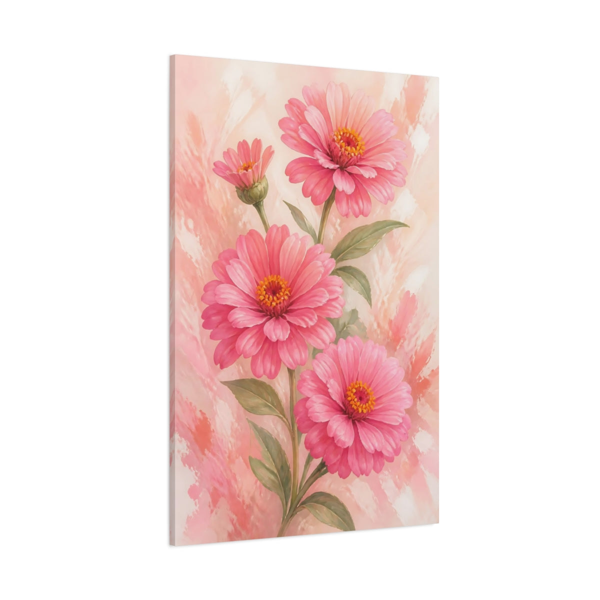 Side Mockup 1. Floral Pink Zinnias Pink Flowers shown as stretched canvas wall art
