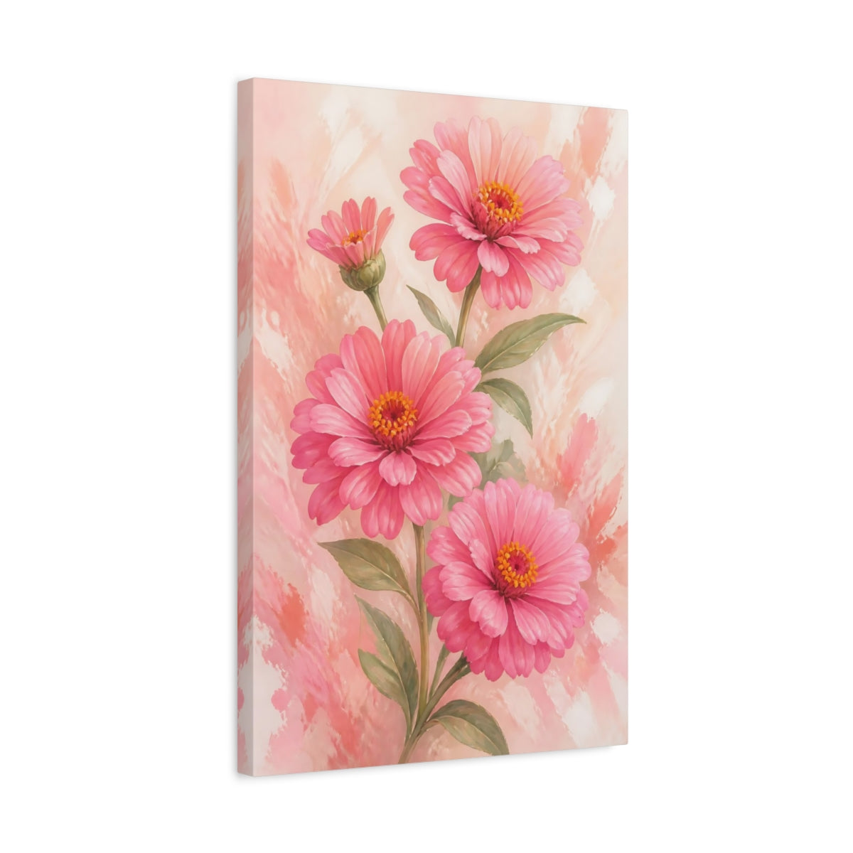Side Mockup 3. Floral Pink Zinnias Pink Flowers shown as stretched canvas wall art