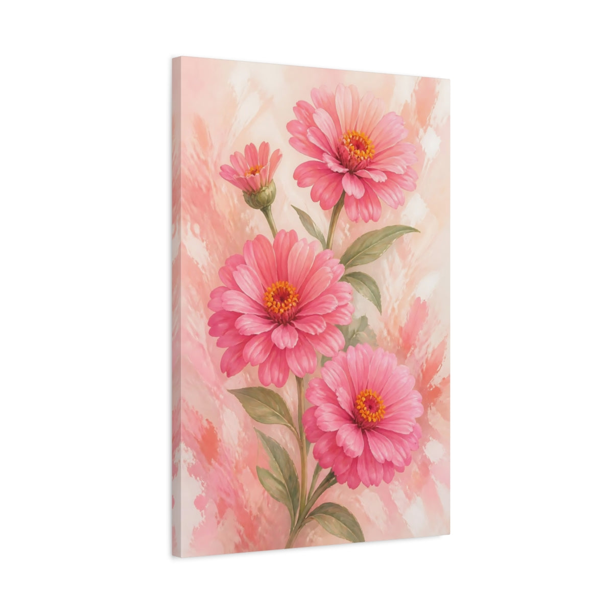 Side Mockup 2. Floral Pink Zinnias Pink Flowers shown as stretched canvas wall art