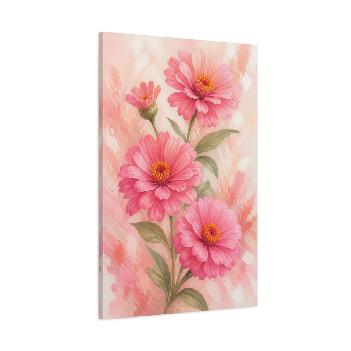 Main Mockup. Floral Pink Zinnias Pink Flowers shown as stretched canvas wall art