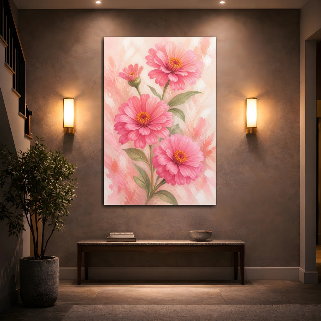 Mockup 2. Floral Pink Zinnias Pink Flowers shown as stretched canvas wall art