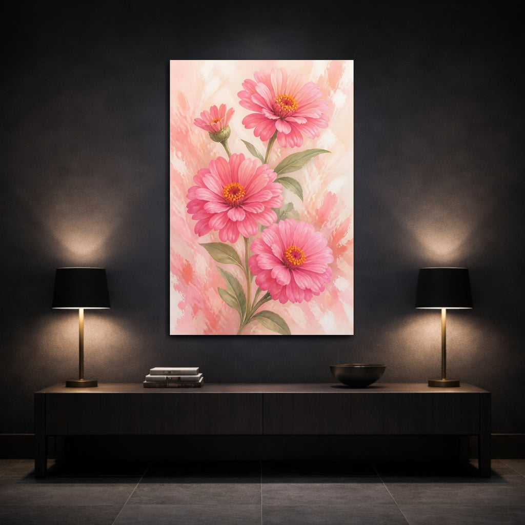 Mockup 3. Floral Pink Zinnias Pink Flowers shown as stretched canvas wall art