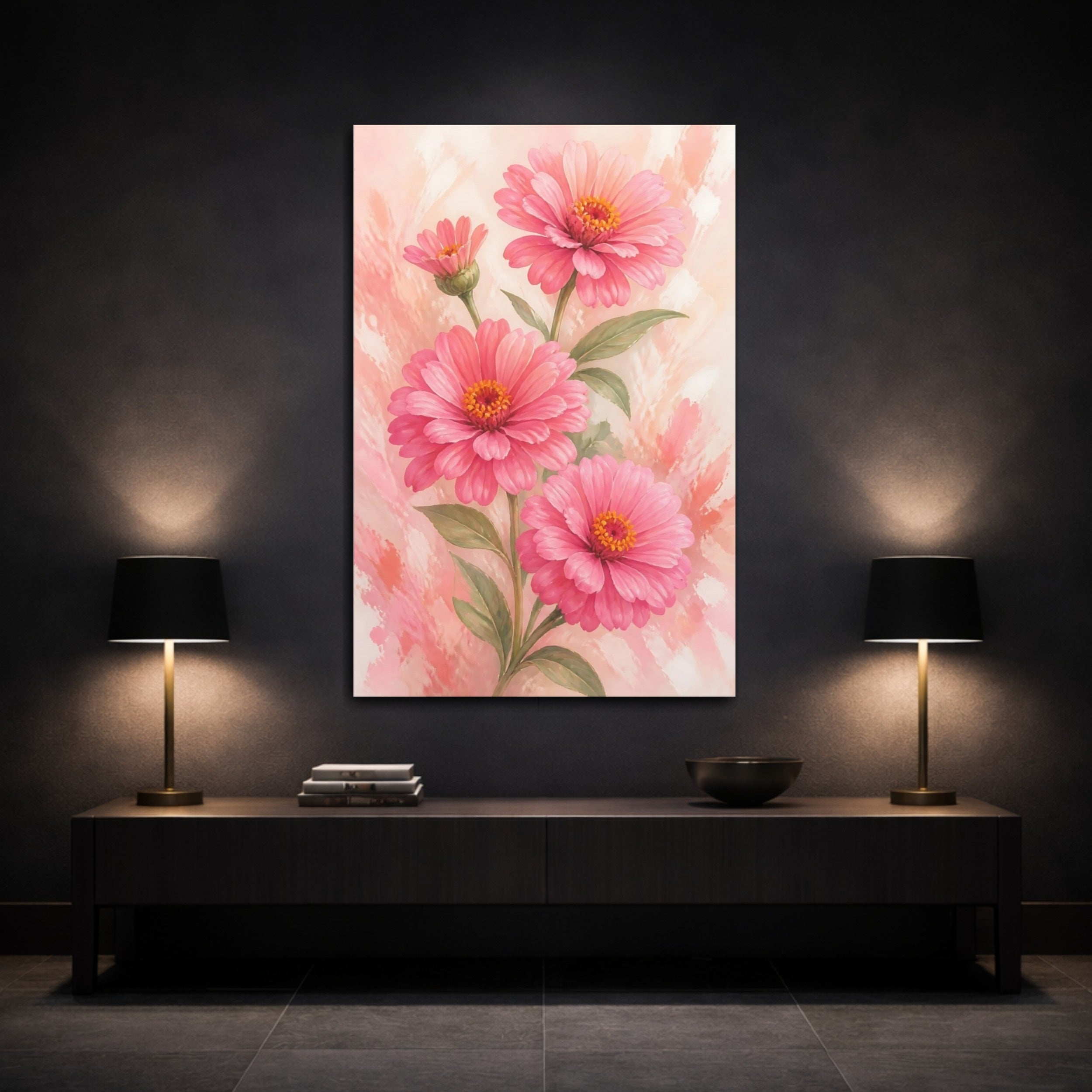 Mockup 3. Floral Pink Zinnias Pink Flowers shown as stretched canvas wall art