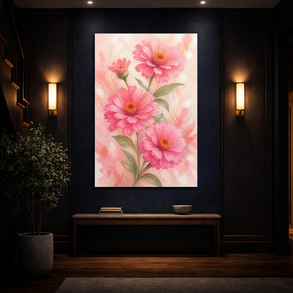 Mockup 4. Floral Pink Zinnias Pink Flowers shown as stretched canvas wall art