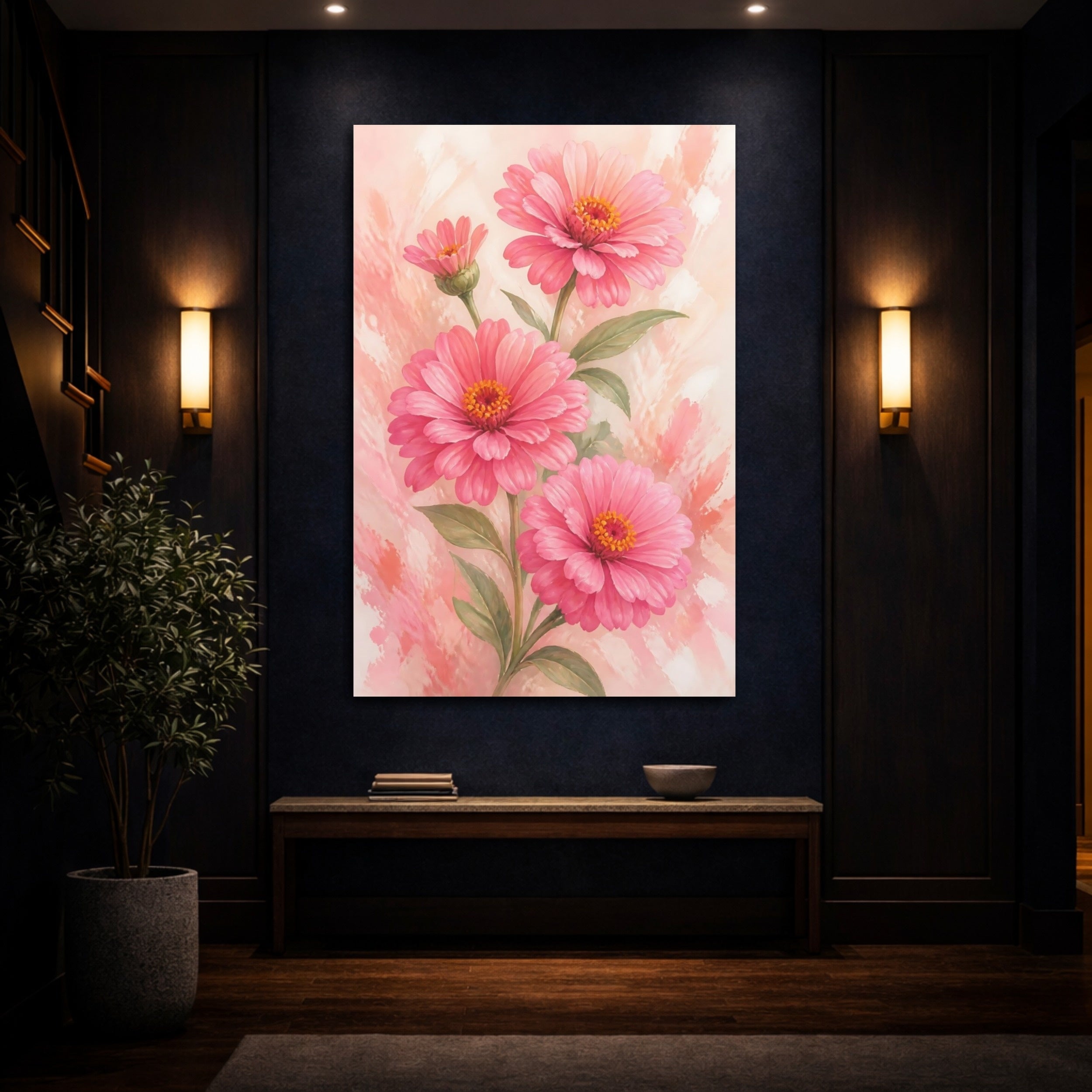 Mockup 4. Floral Pink Zinnias Pink Flowers shown as stretched canvas wall art