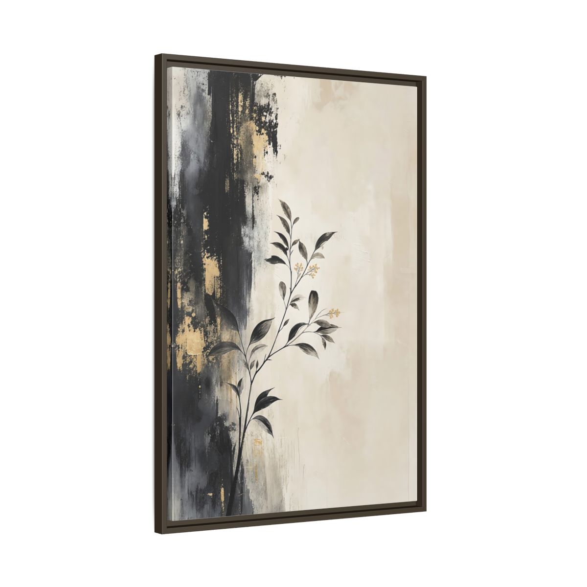 Main Mockup. Floral Plant Branch Black Gold Botanical shown as stretched canvas wall art