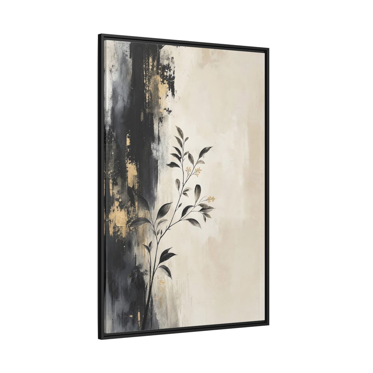 Side Mockup 12. Floral Plant Branch Black Gold Botanical shown as stretched canvas wall art