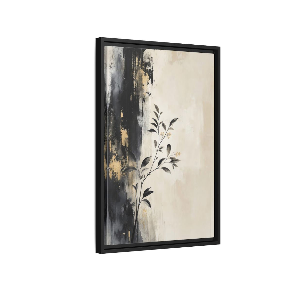 Side Mockup 3. Floral Plant Branch Black Gold Botanical shown as stretched canvas wall art