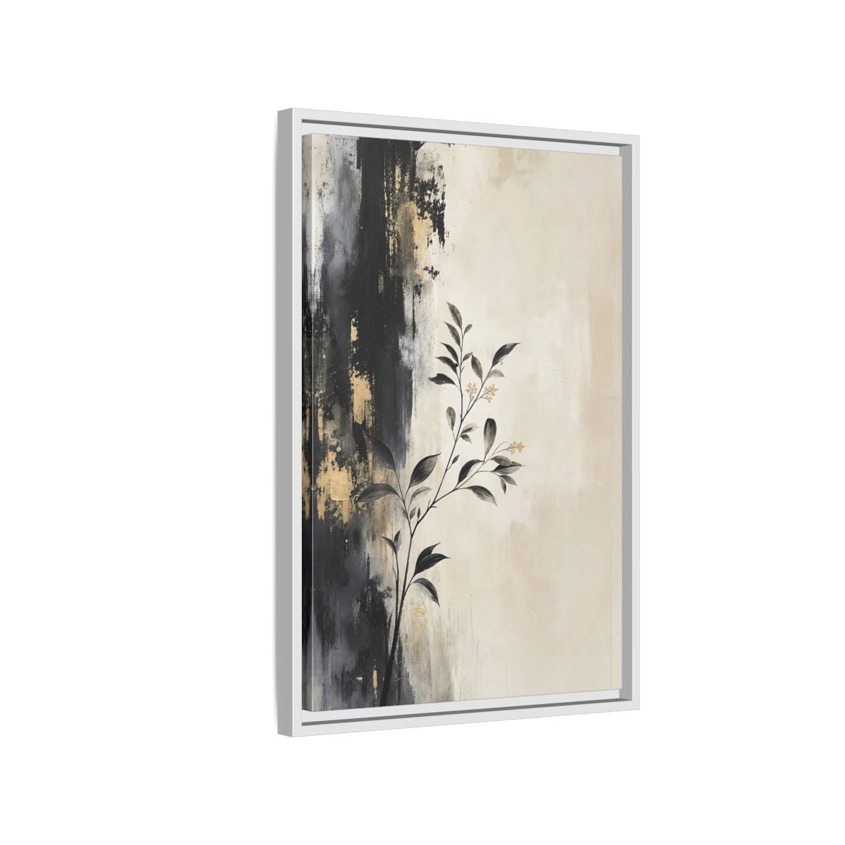 Side Mockup 1. Floral Plant Branch Black Gold Botanical shown as stretched canvas wall art