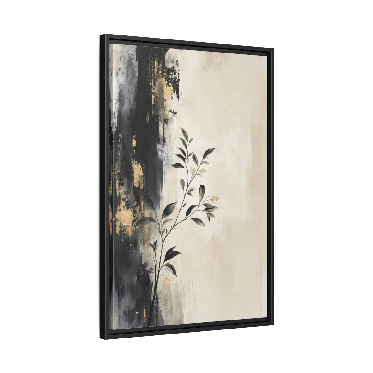 Side Mockup 14. Floral Plant Branch Black Gold Botanical shown as stretched canvas wall art