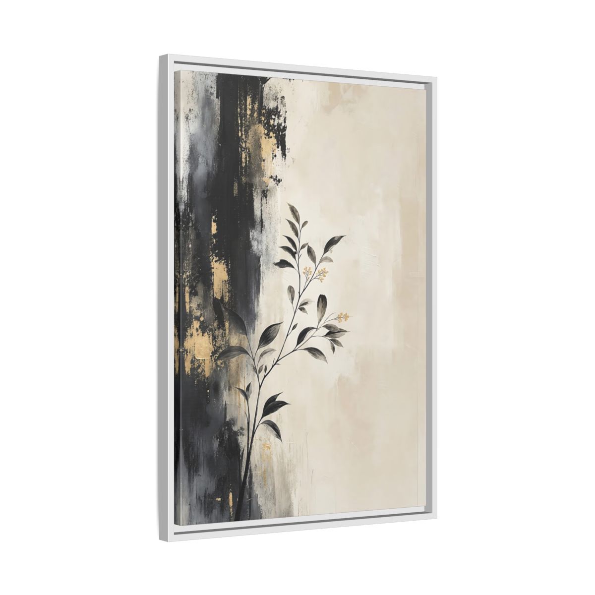 Side Mockup 10. Floral Plant Branch Black Gold Botanical shown as stretched canvas wall art