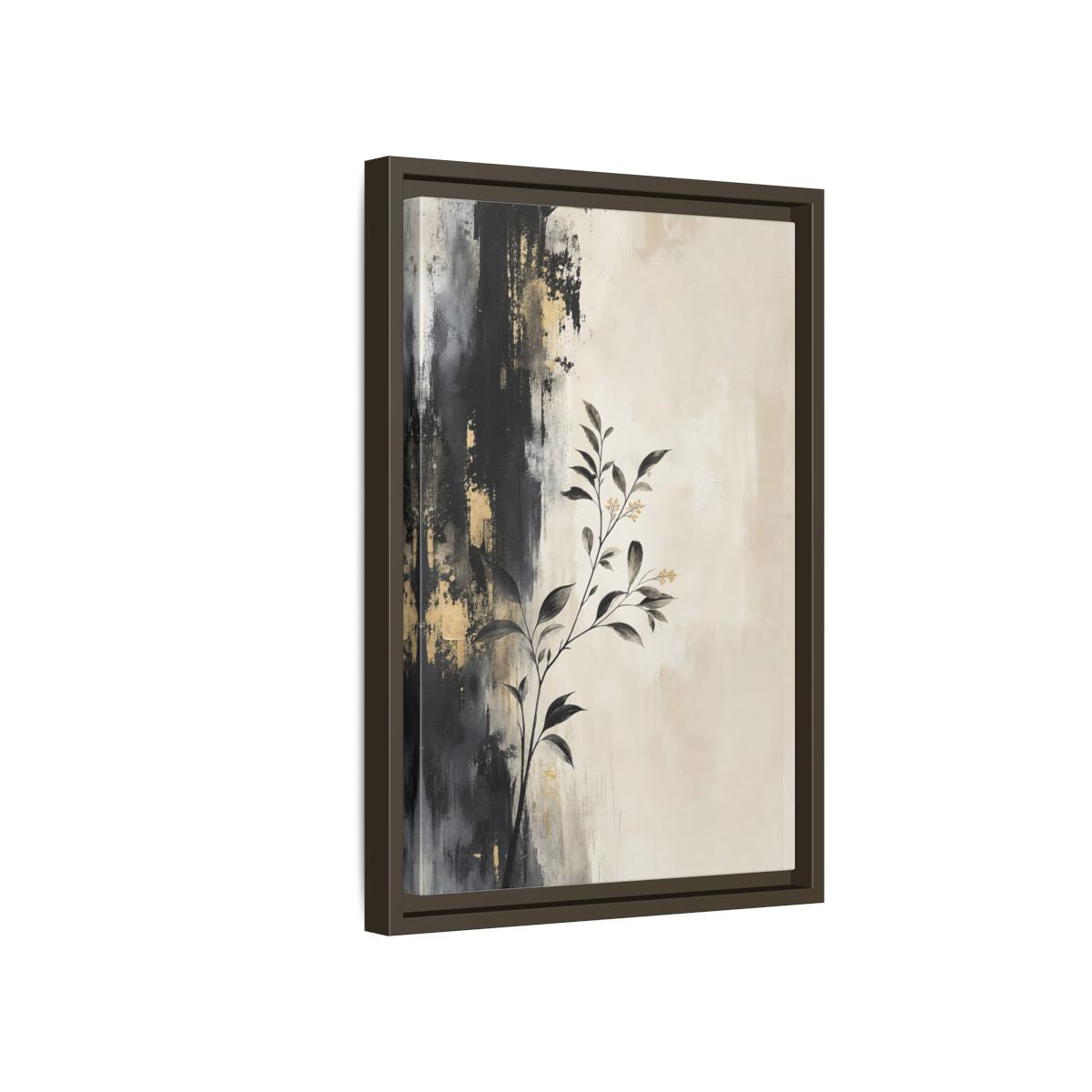 Side Mockup 5. Floral Plant Branch Black Gold Botanical shown as stretched canvas wall art
