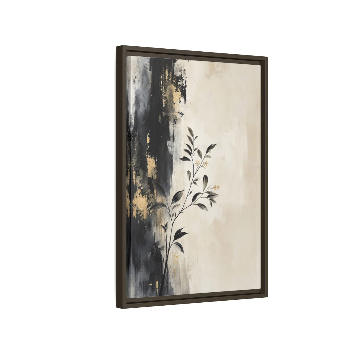 Side Mockup 2. Floral Plant Branch Black Gold Botanical shown as stretched canvas wall art