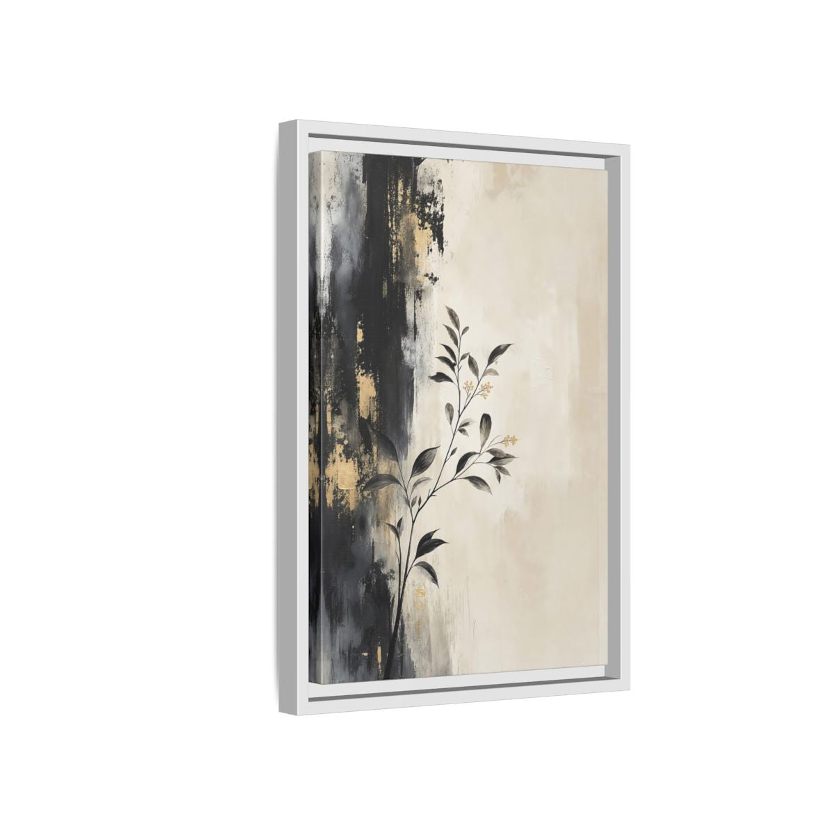Side Mockup 4. Floral Plant Branch Black Gold Botanical shown as stretched canvas wall art