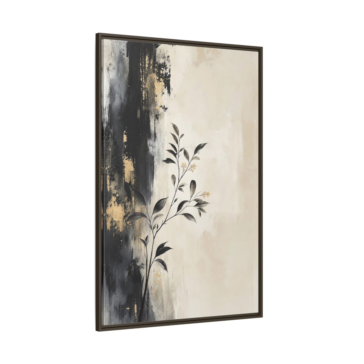 Side Mockup 8. Floral Plant Branch Black Gold Botanical shown as stretched canvas wall art