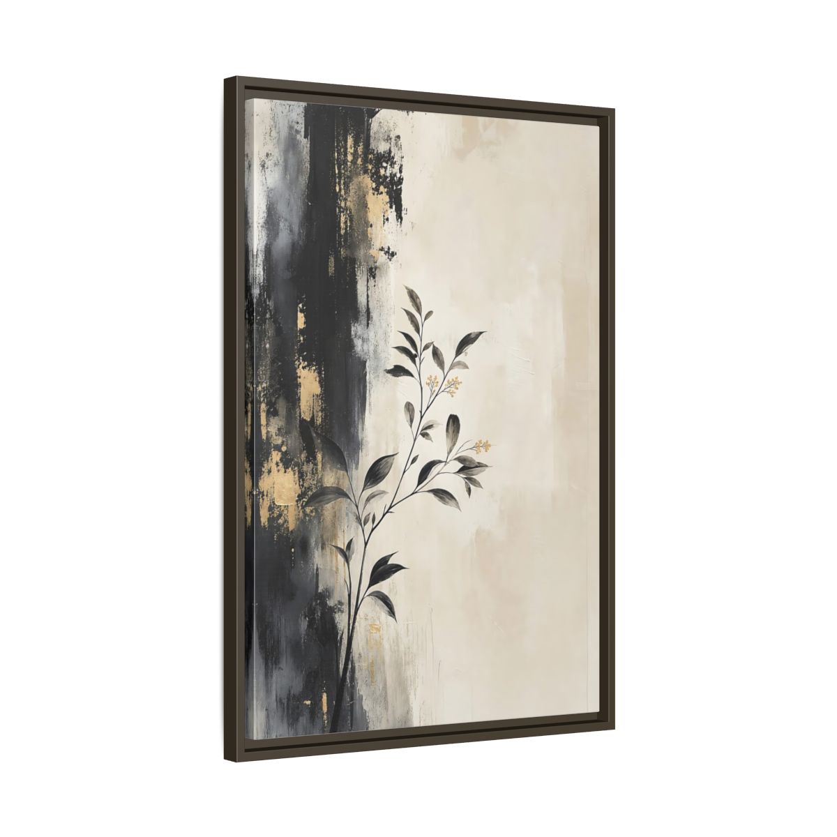 Side Mockup 11. Floral Plant Branch Black Gold Botanical shown as stretched canvas wall art