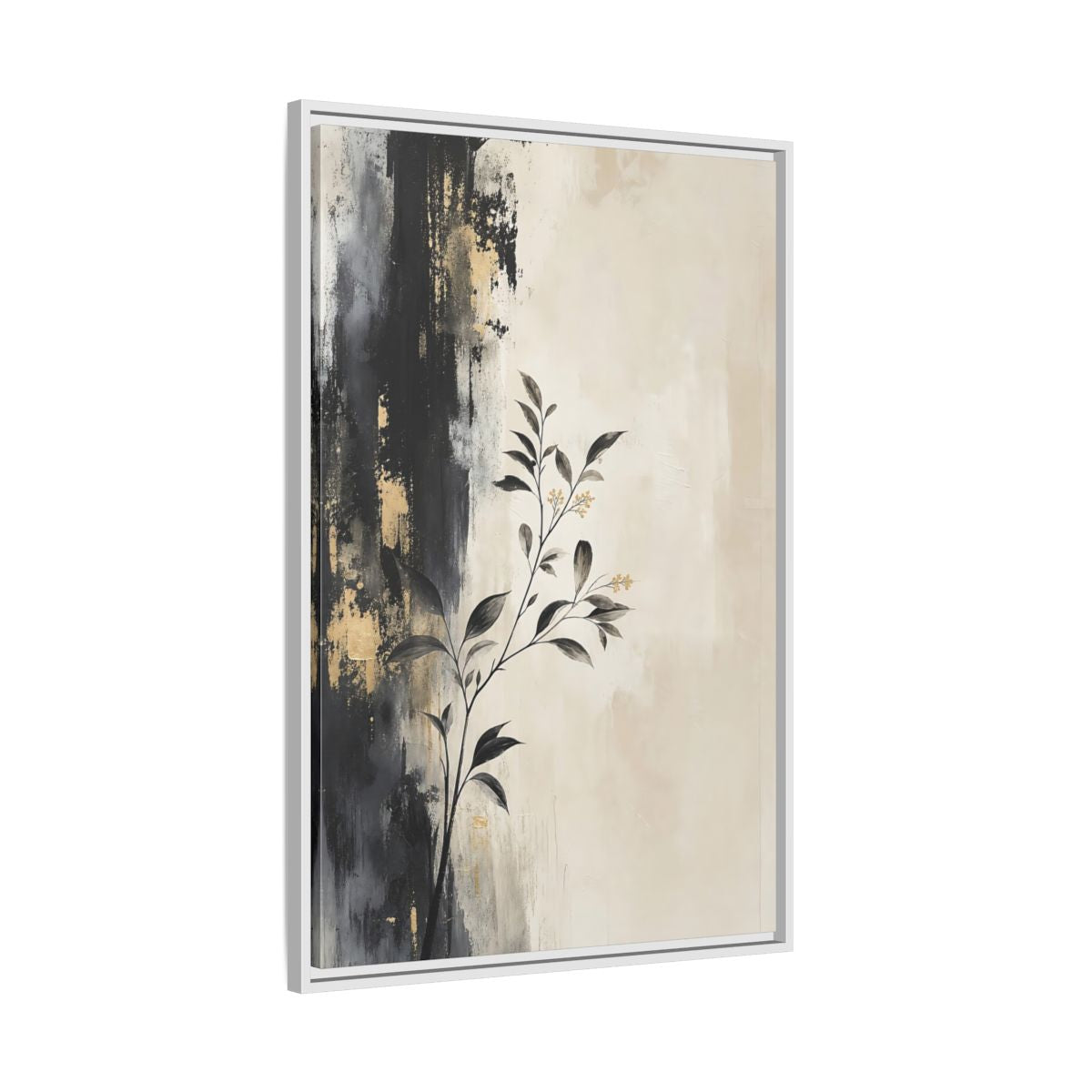 Side Mockup 9. Floral Plant Branch Black Gold Botanical shown as stretched canvas wall art