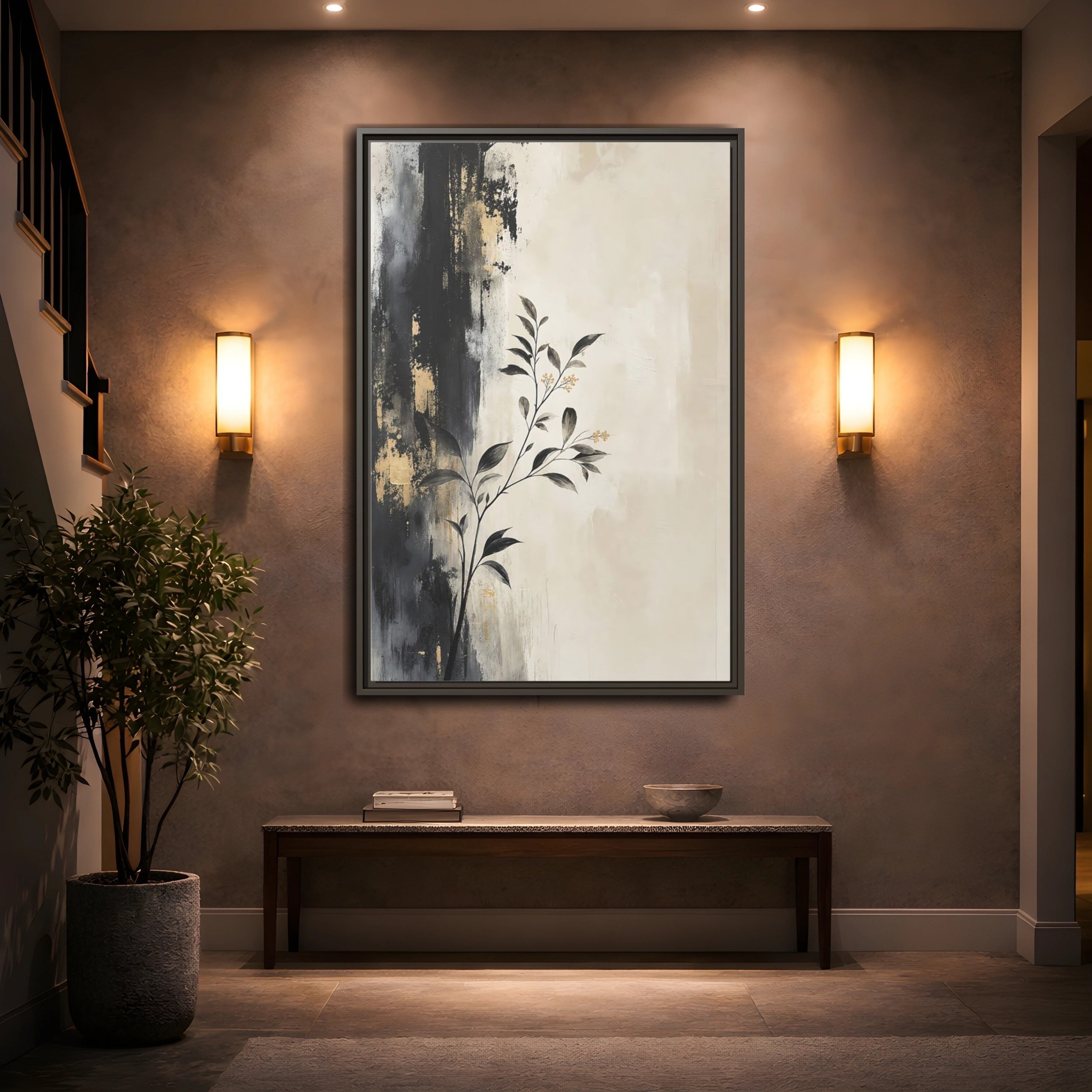 Mockup 2. Floral Plant Branch Black Gold Botanical shown as stretched canvas wall art