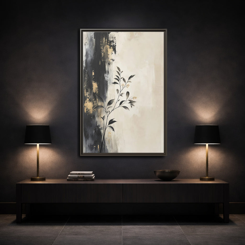 Mockup 3. Floral Plant Branch Black Gold Botanical shown as stretched canvas wall art