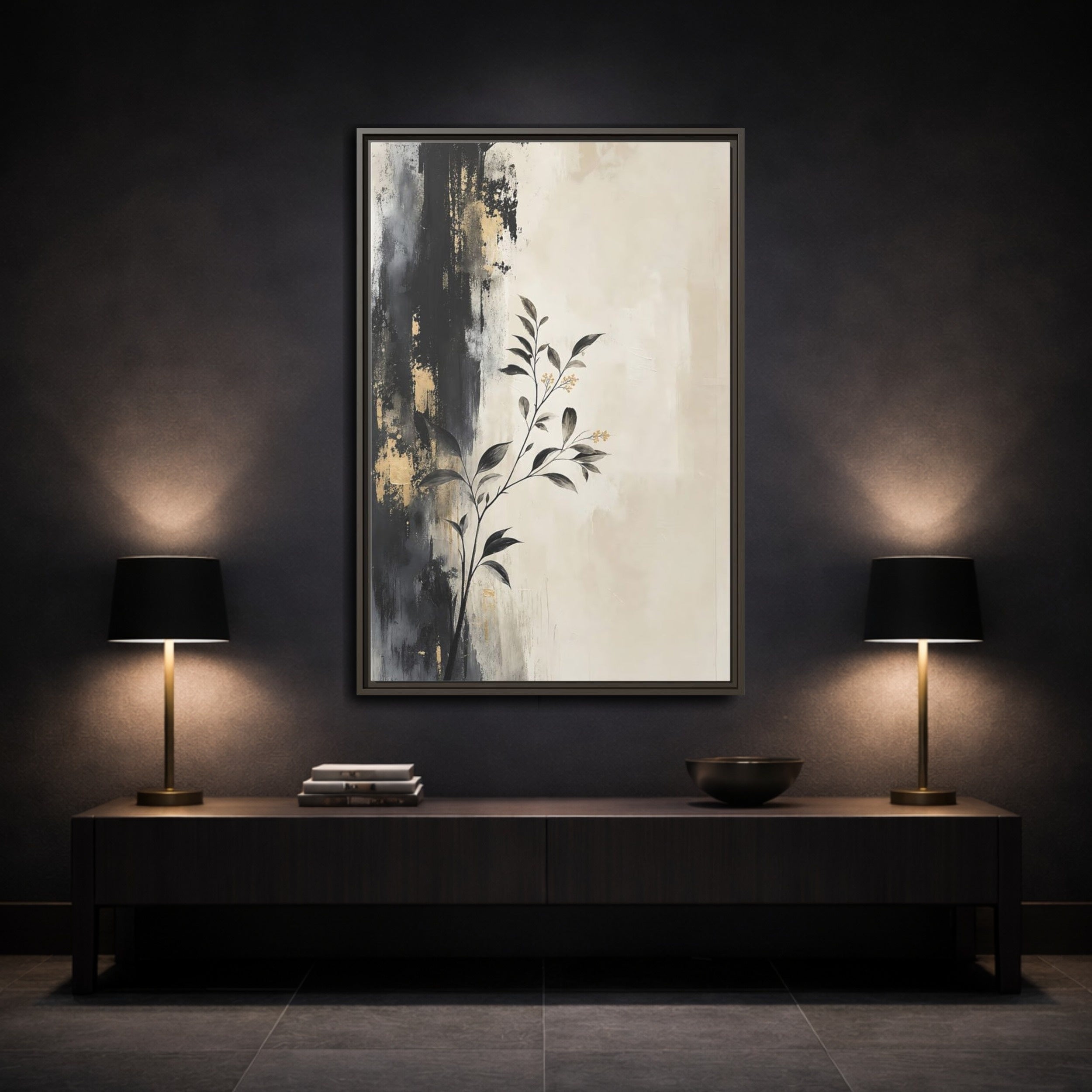 Mockup 3. Floral Plant Branch Black Gold Botanical shown as stretched canvas wall art