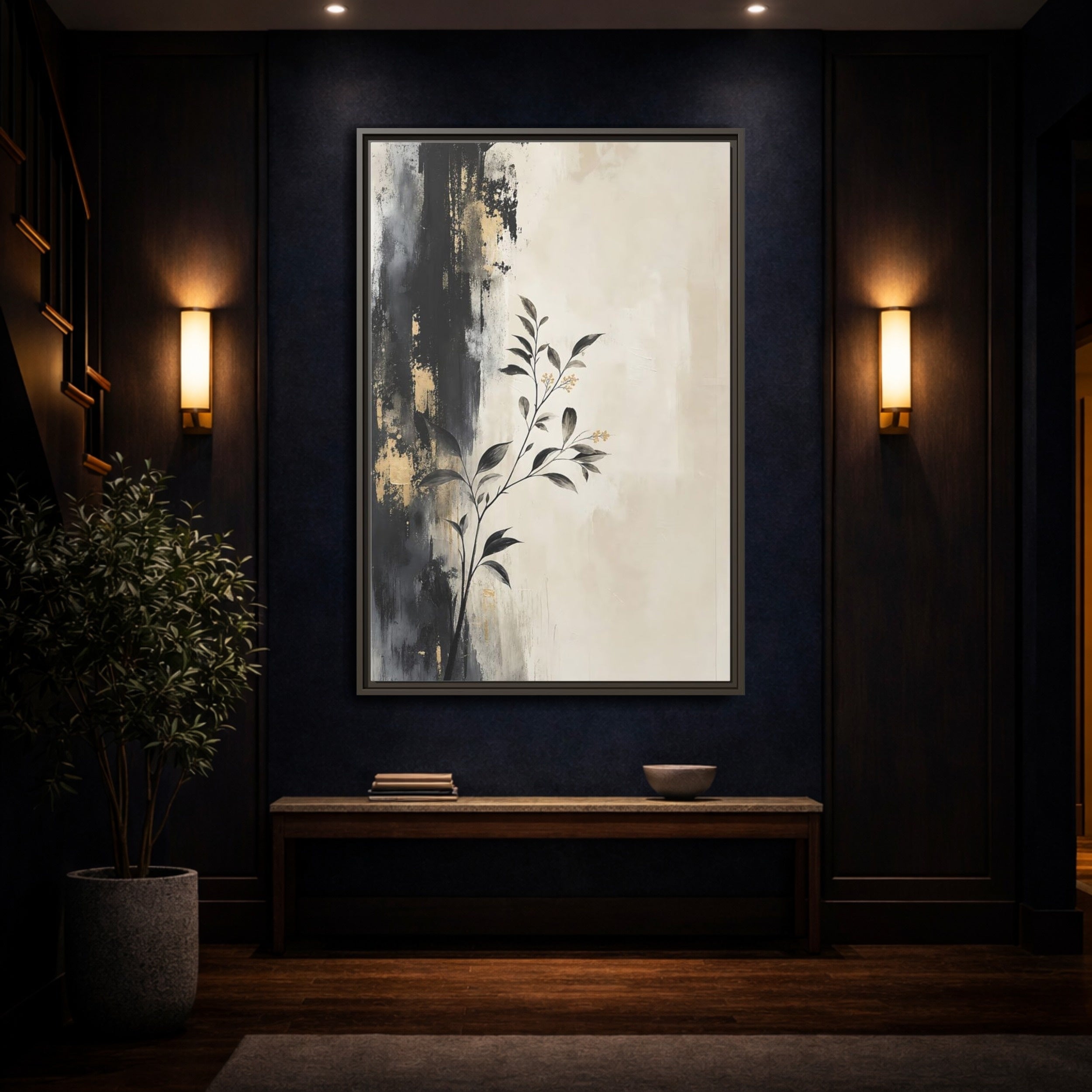 Mockup 4. Floral Plant Branch Black Gold Botanical shown as stretched canvas wall art
