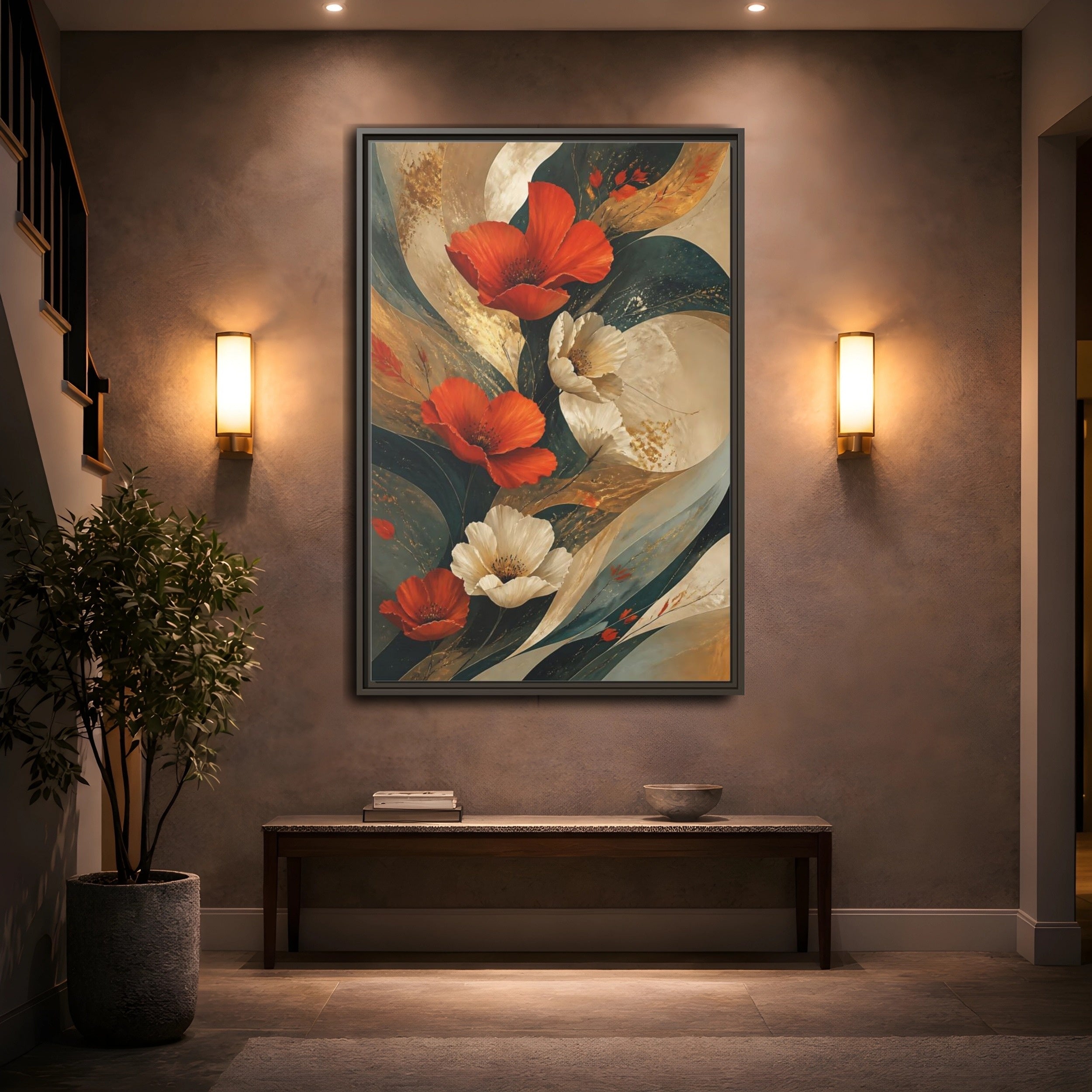 Mockup 2. Floral Poppies Red Floral Abstract shown as stretched canvas wall art