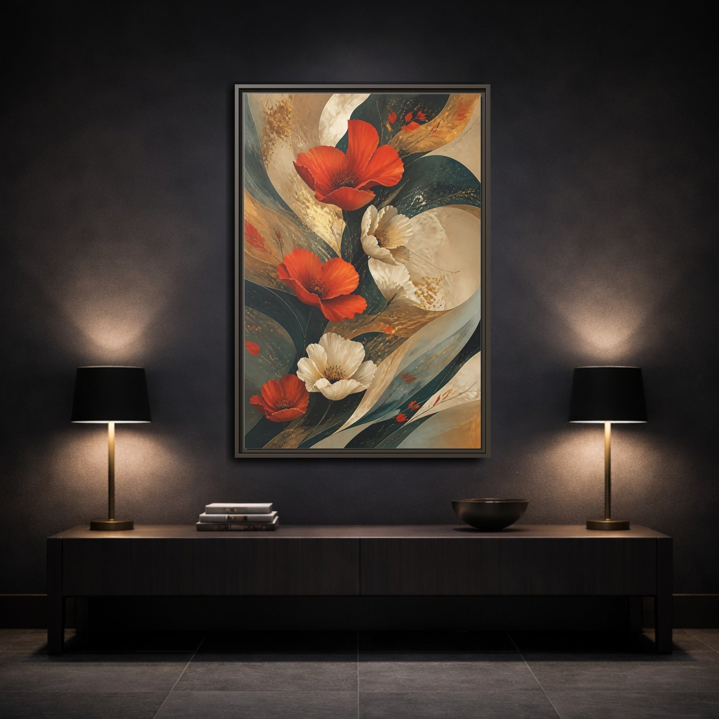Mockup 3. Floral Poppies Red Floral Abstract shown as stretched canvas wall art