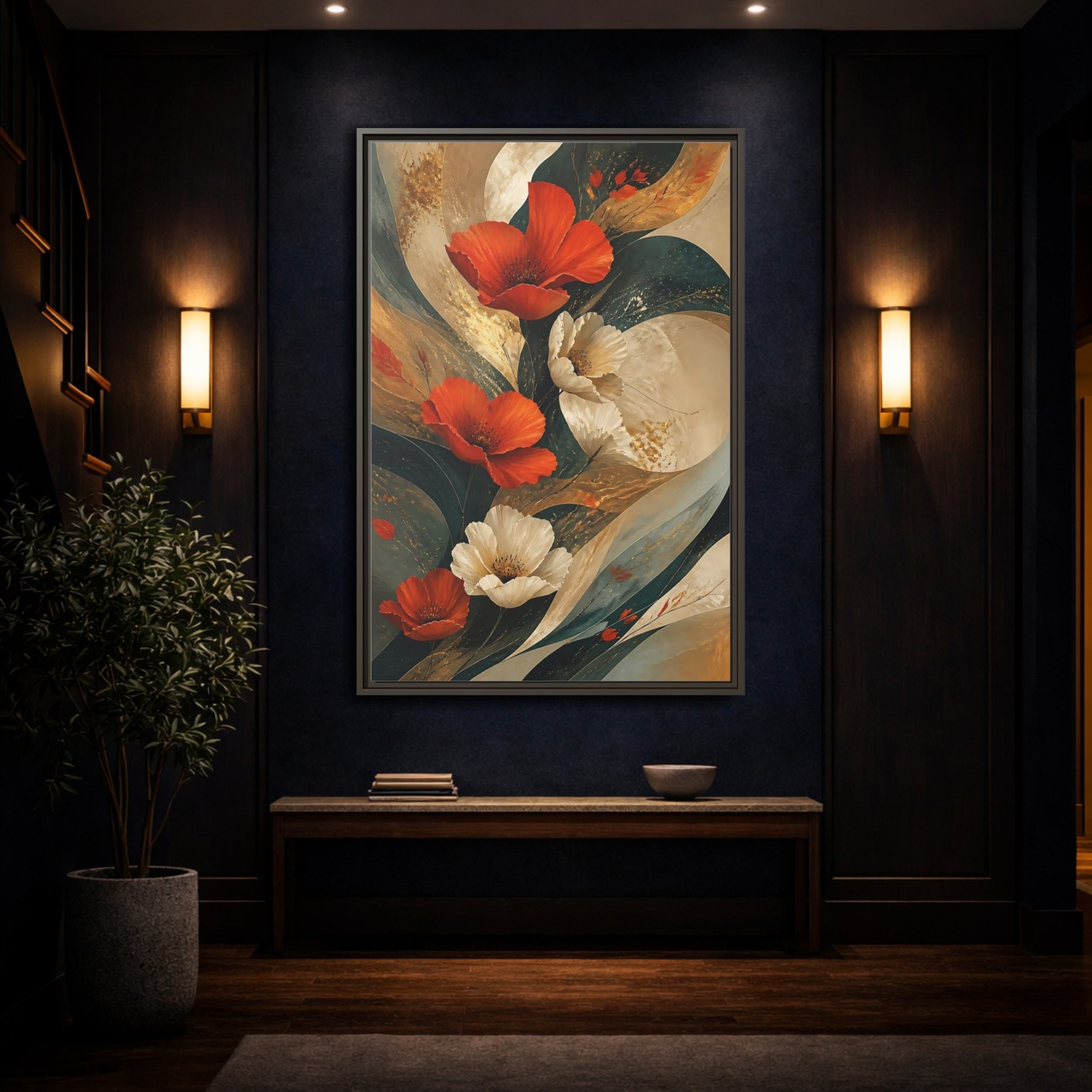 Mockup 4. Floral Poppies Red Floral Abstract shown as stretched canvas wall art