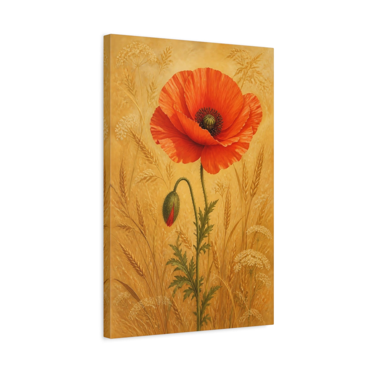 Side Mockup 3. Floral Poppy Flower Red Poppy Gold shown as stretched canvas wall art