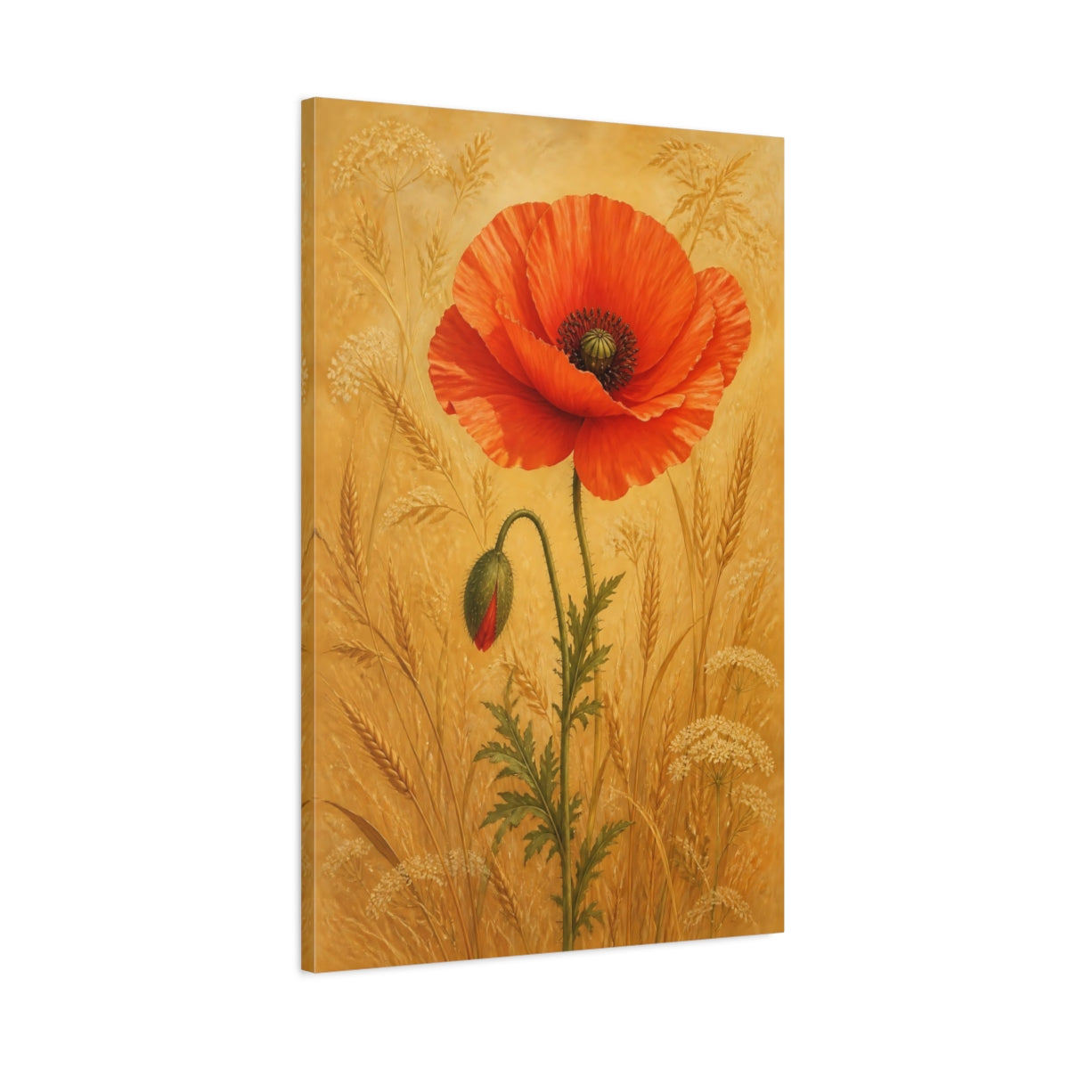 Main Mockup. Floral Poppy Flower Red Poppy Gold shown as stretched canvas wall art