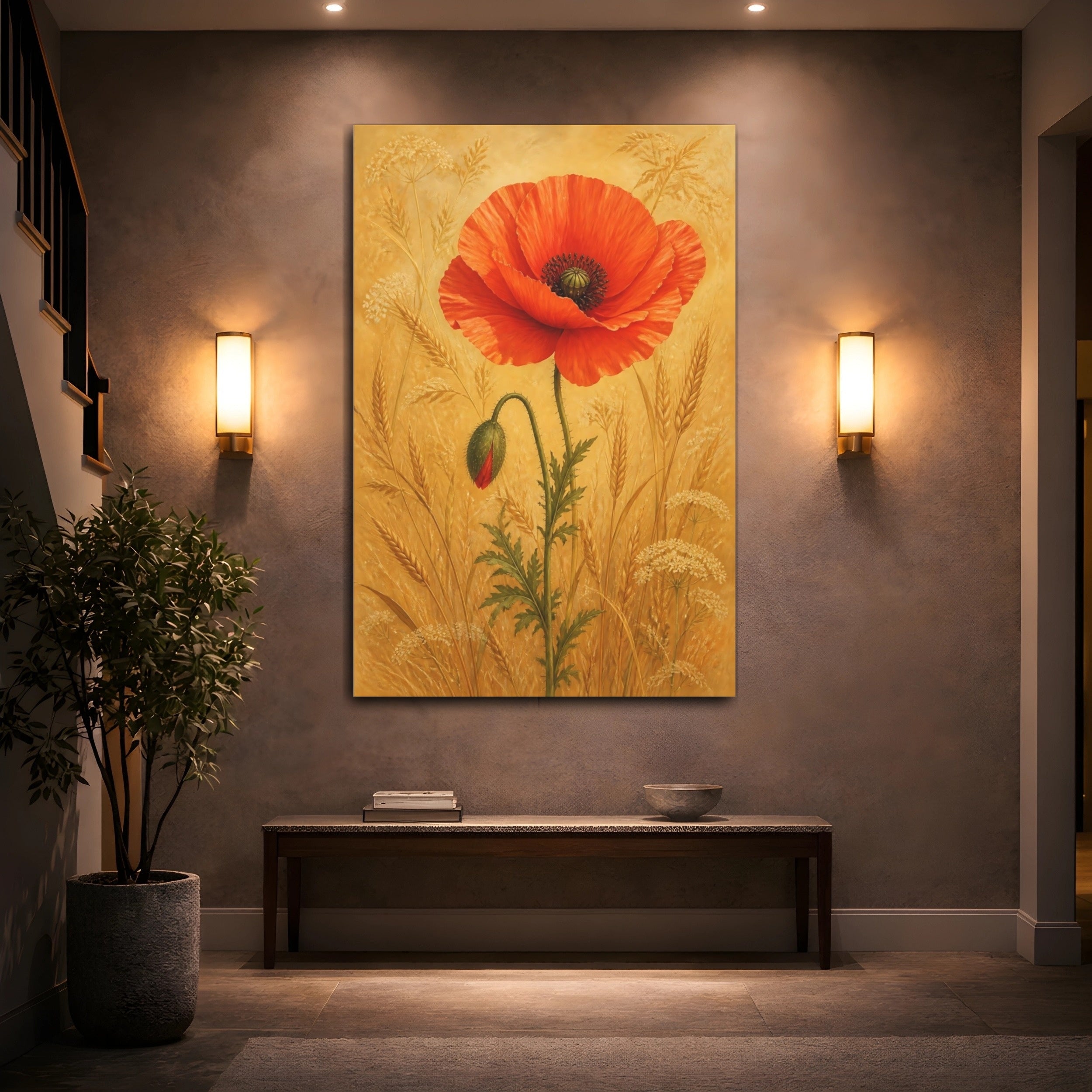 Mockup 2. Floral Poppy Flower Red Poppy Gold shown as stretched canvas wall art