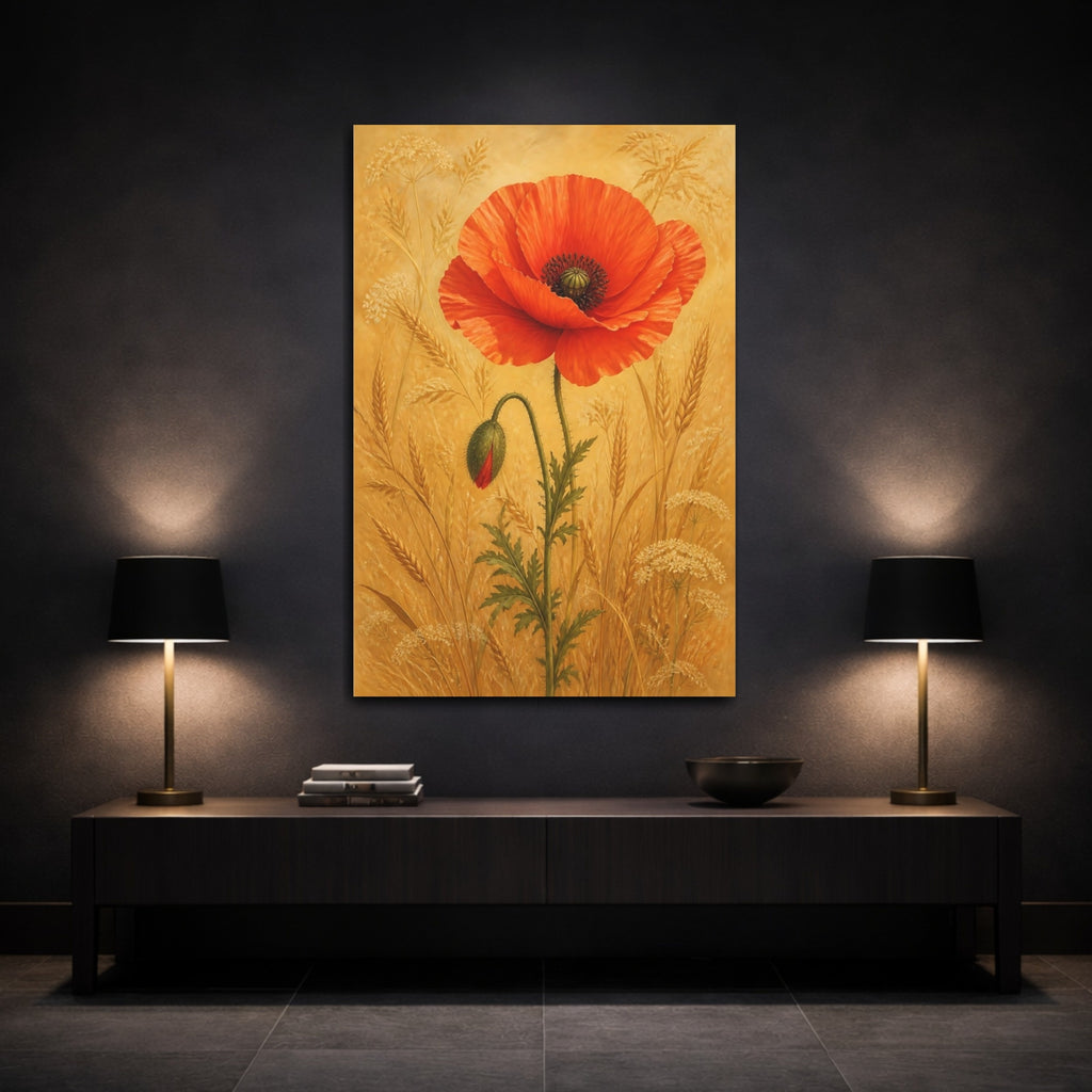 Mockup 3. Floral Poppy Flower Red Poppy Gold shown as stretched canvas wall art