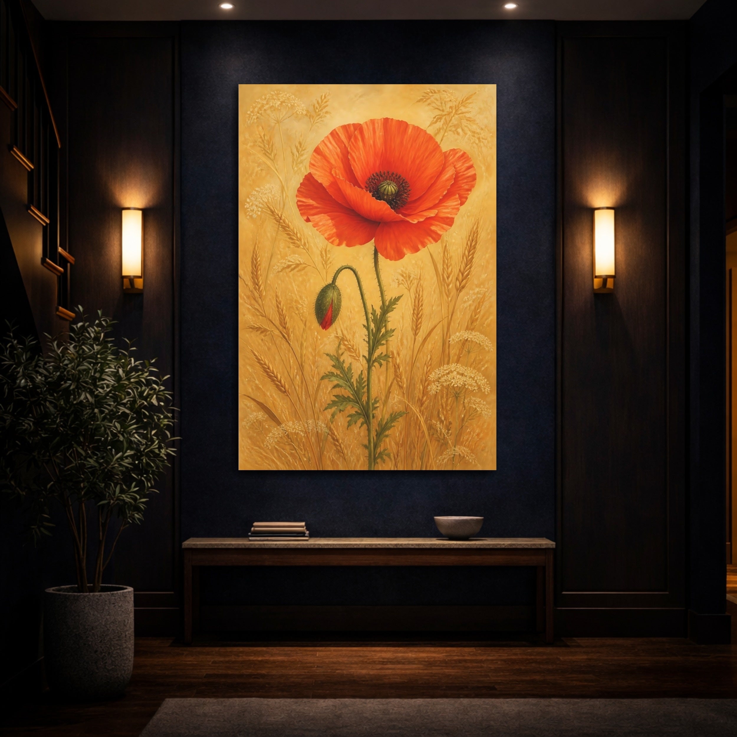 Mockup 4. Floral Poppy Flower Red Poppy Gold shown as stretched canvas wall art