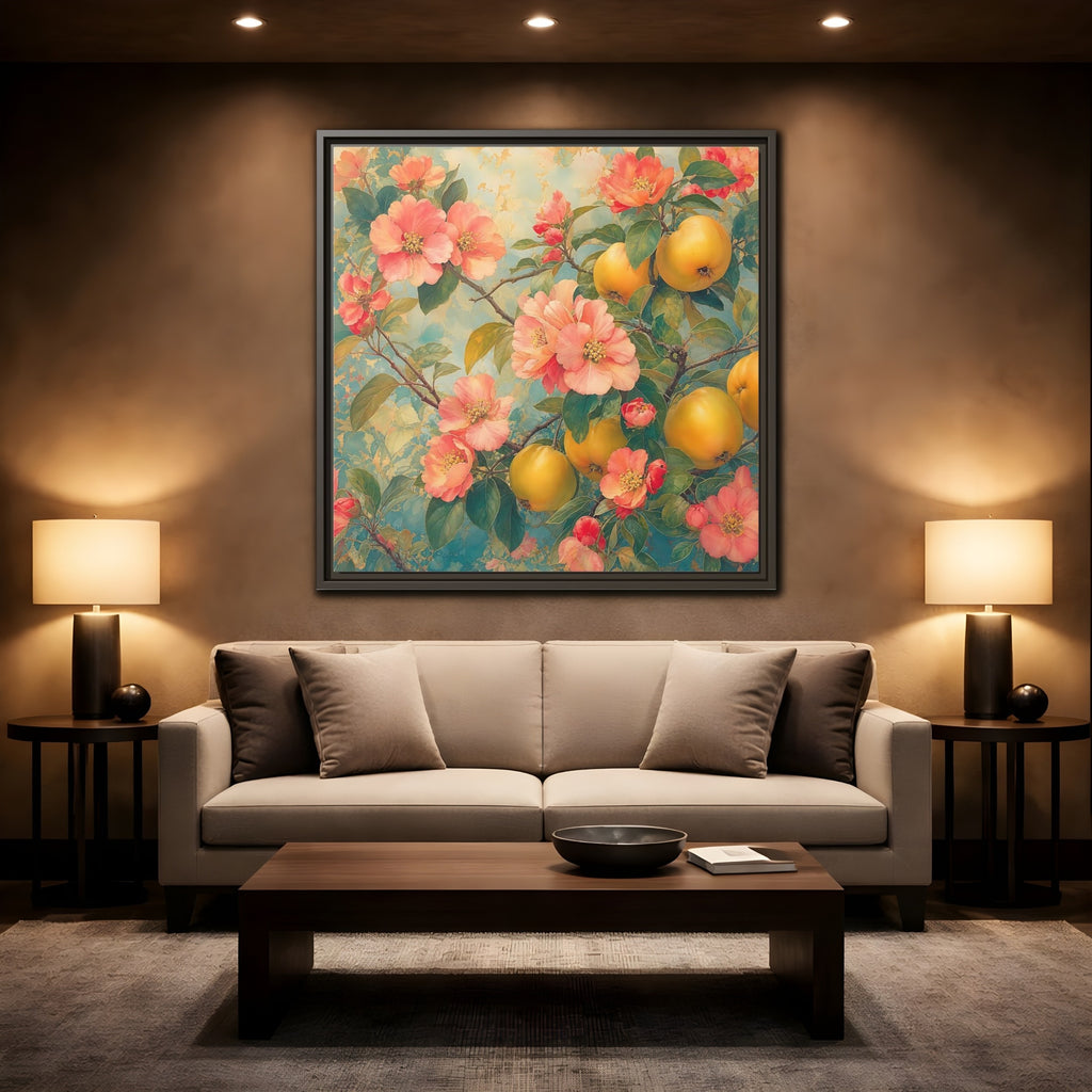 Mockup 2. Floral Quinces Blossoms Pink Quince Floral shown as stretched canvas wall art